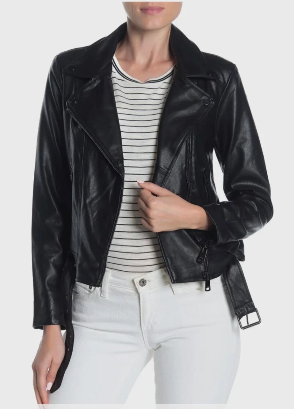 Elodie Black Faux Leather Full Zip Belted Moto Jacket Rocker Motorcycle Small